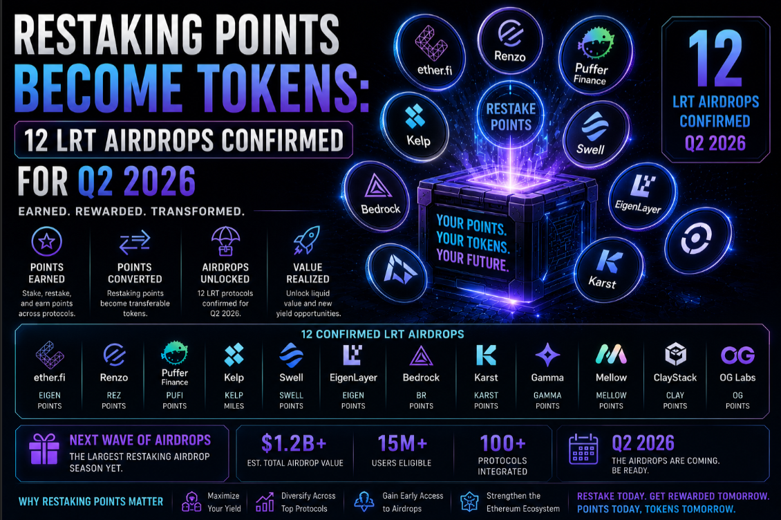 Restaking Points Become Tokens: 12 LRT Airdrops Confirmed for Q2 2026
