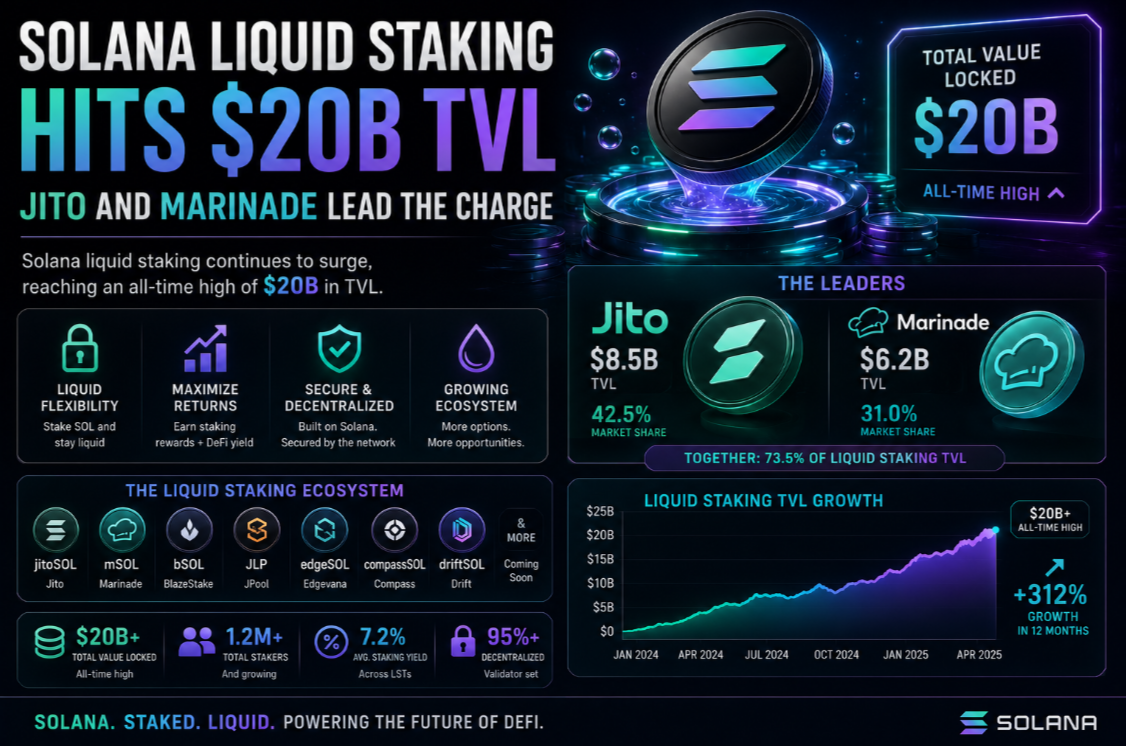 Solana Liquid Staking Hits $20B TVL — Jito and Marinade Lead the Charge