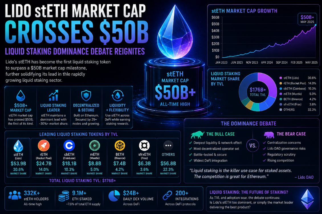 Lido stETH Market Cap Crosses $50B — Liquid Staking Dominance Debate Reignites