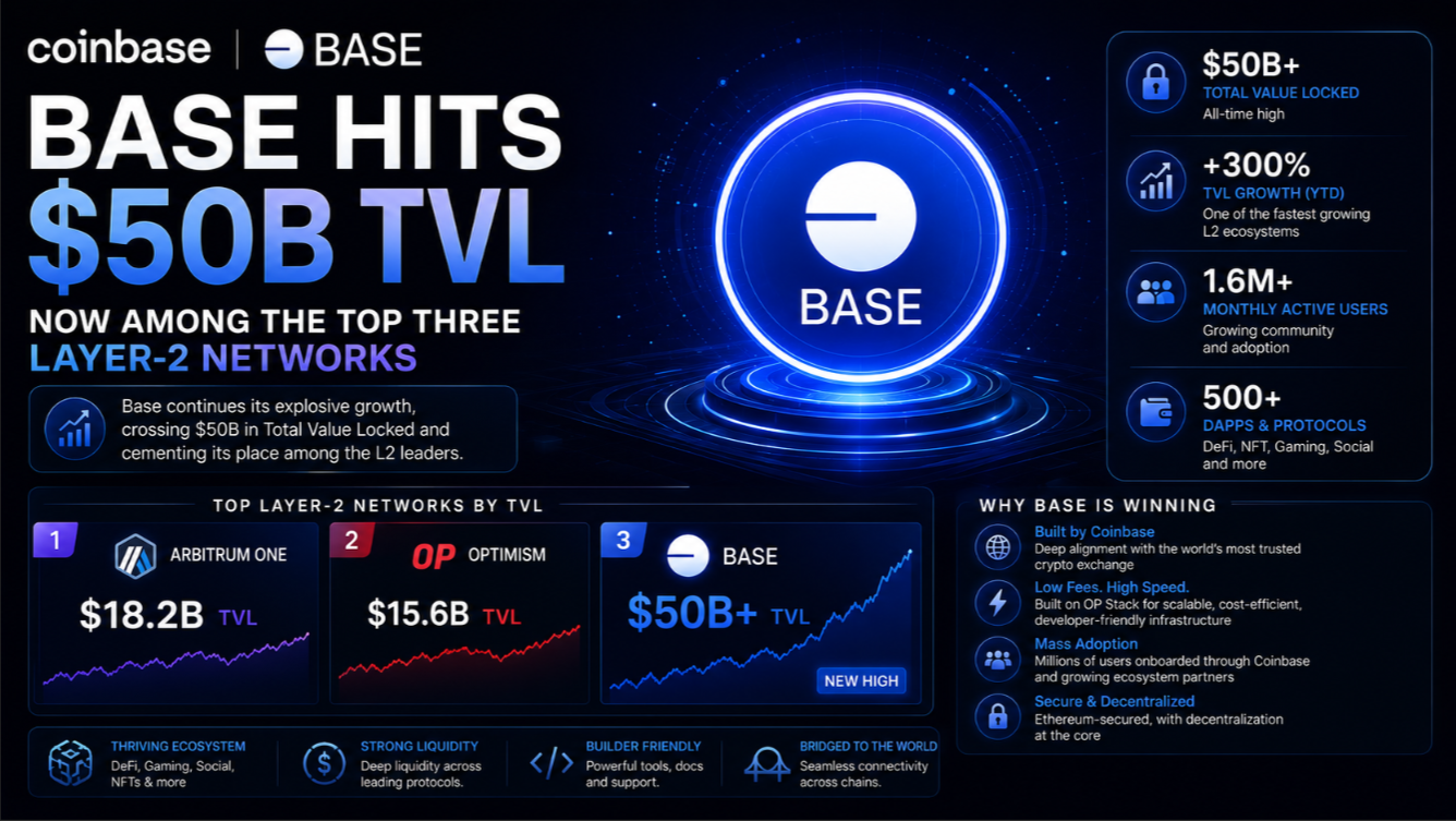 Coinbase Base Hits $50B TVL — Now Among the Top Three Layer-2 Networks