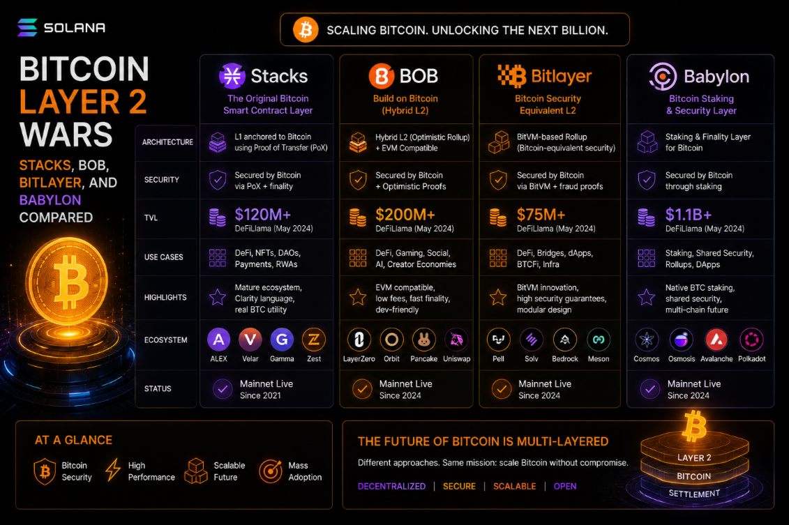 Bitcoin Layer 2 Wars: Stacks, BOB, Bitlayer, and Babylon Compared