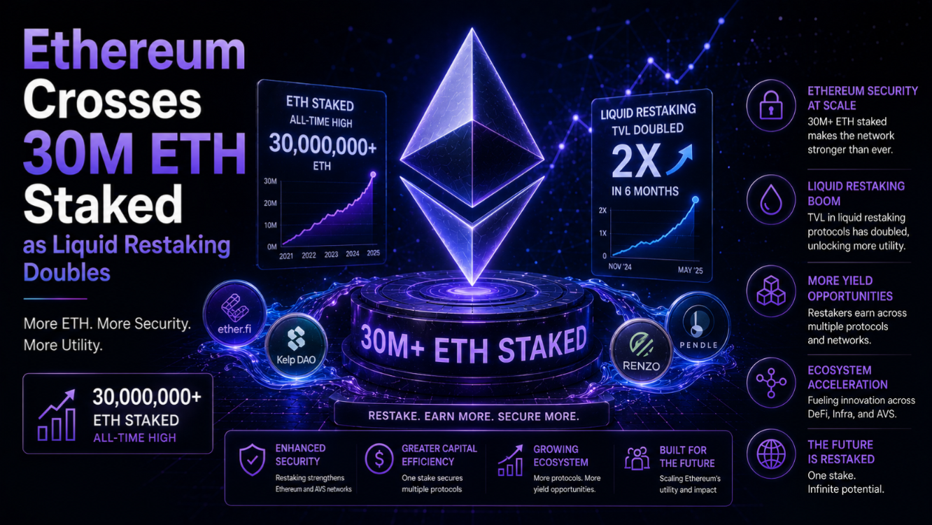 Ethereum Crosses 30M ETH Staked as Liquid Restaking Doubles