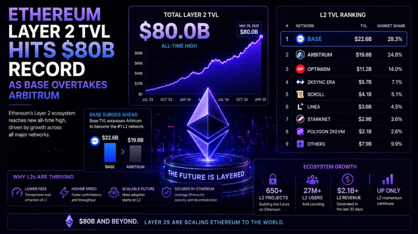 Ethereum Layer 2 TVL Hits $80B Record as Base Overtakes Arbitrum
