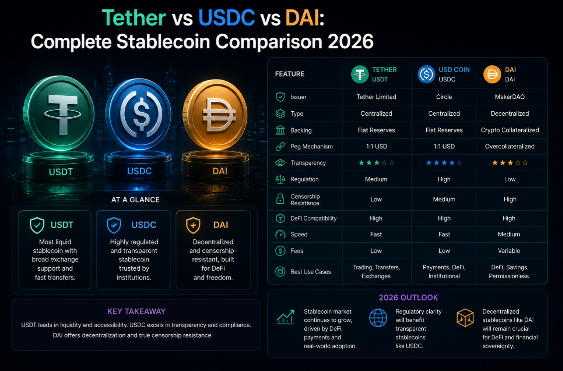 Tether vs USDC vs DAI: Complete Stablecoin Comparison 2026