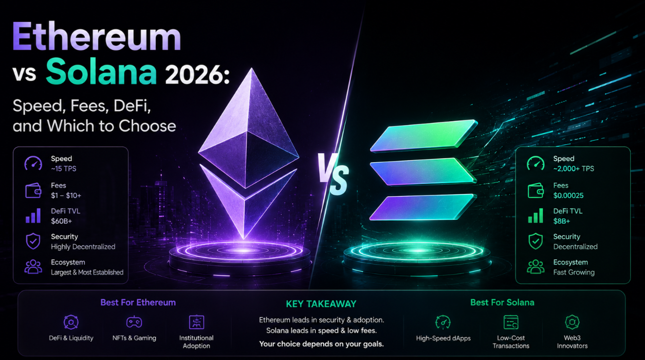 Ethereum vs Solana 2026: Speed, Fees, DeFi, and Which to Choose
