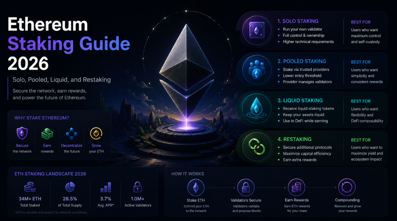 Ethereum Staking Guide 2026: Solo, Pooled, Liquid, and Restaking