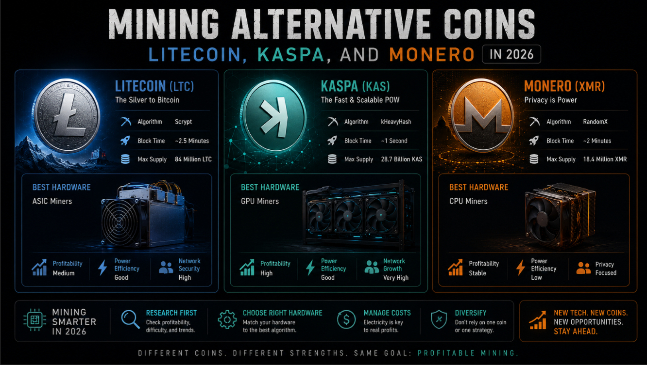 Mining Alternative Coins: Litecoin, Kaspa, and Monero in 2026