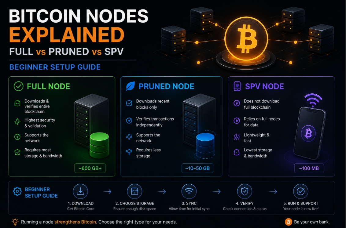 Bitcoin Nodes Explained: Full vs Pruned vs SPV — Beginner Setup Guide
